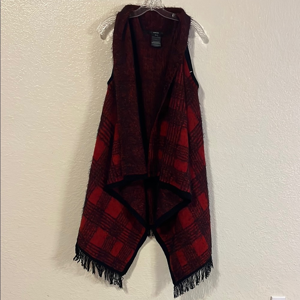 Vertigo Plaid Red Vest with Fringe Wrap Poncho Sweater Vest